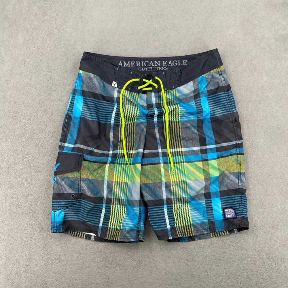 American Eagle Outfitters Mens Plaid Board Shorts Blue Yellow Size M 9200